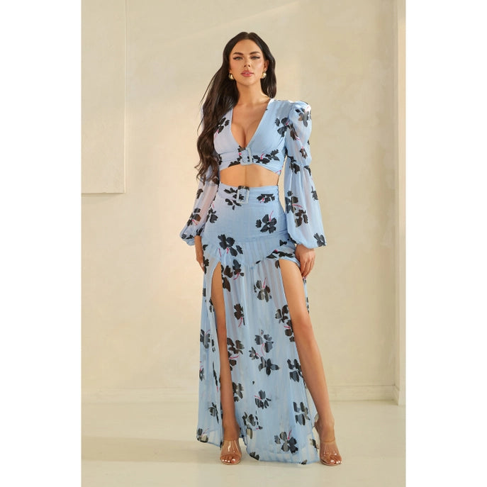 ENSEMBLE JUPE FENDUE À IMPRIMÉ FLORAL ET DÉCOLLETÉ PLONGEANT
