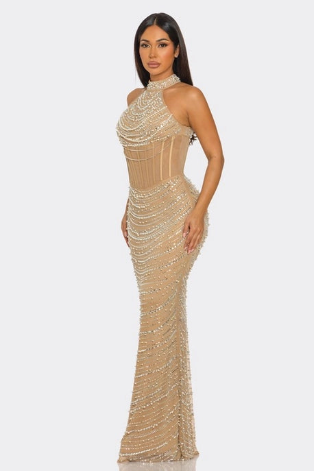 Robe Maxi Sans Manches à Col Roulé en Strass