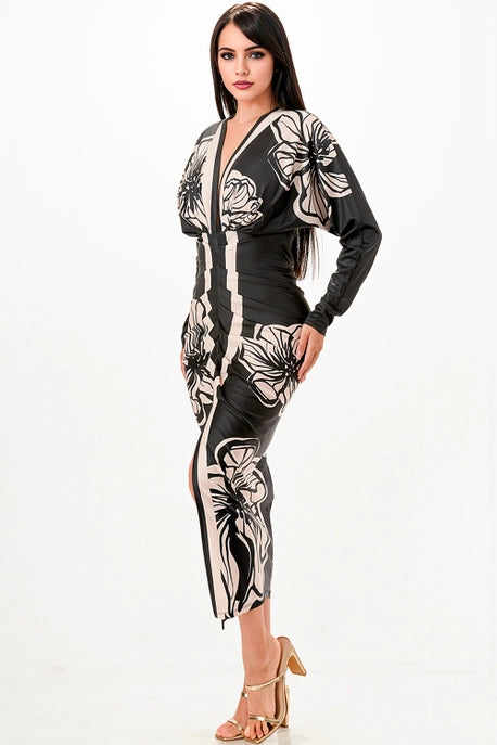 Robe midi plissée à col en V profond floral