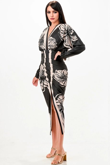 Robe midi plissée à col en V profond floral
