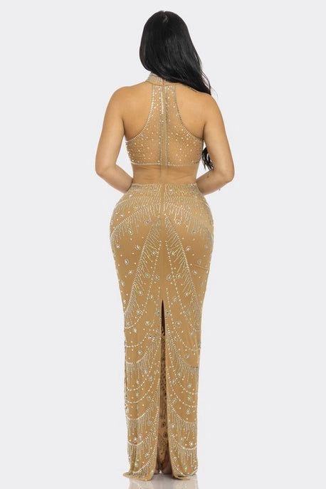 Robe Maxi à Col Ras du Cou avec Strass