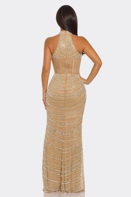 Robe Maxi Sans Manches à Col Roulé en Strass