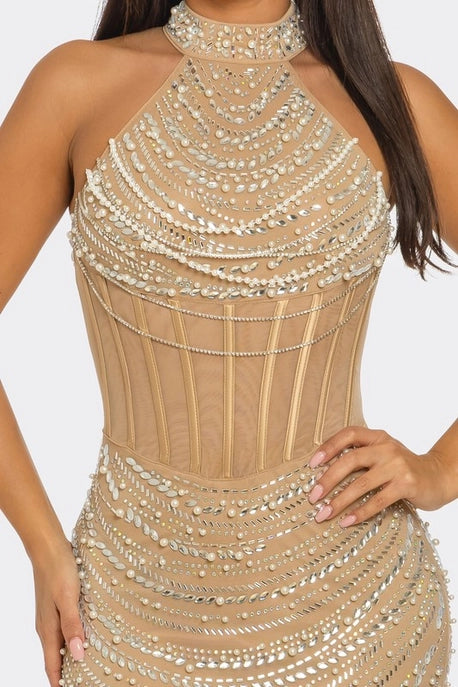 Robe Maxi Sans Manches à Col Roulé en Strass
