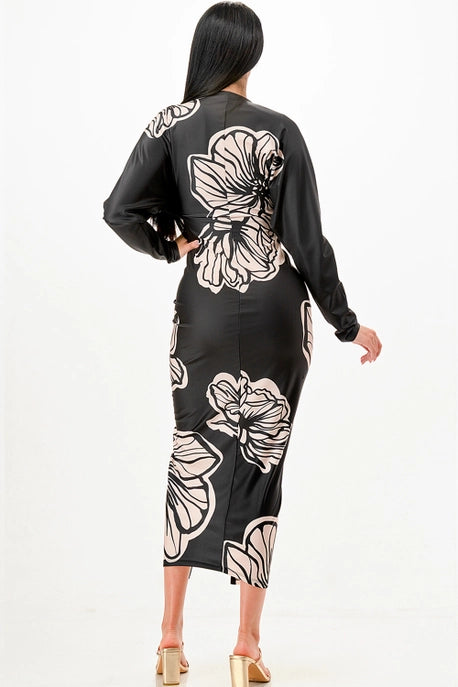 Robe midi plissée à col en V profond floral
