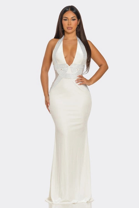 Robe Maxi en Forme de V Ornée de Strass