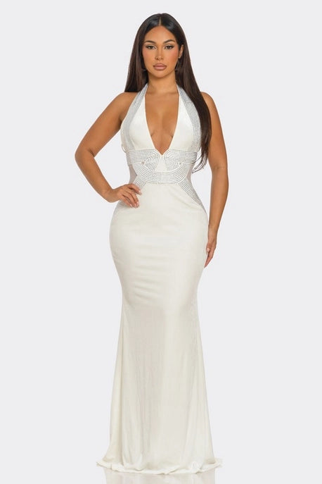 Robe Maxi en Forme de V Ornée de Strass
