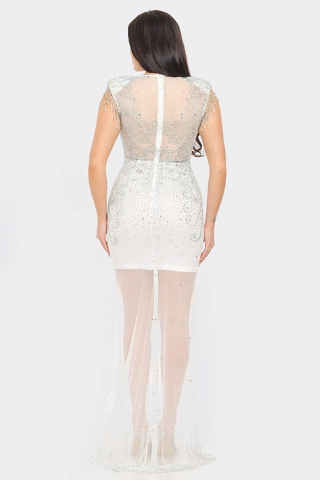 Robe Maxi en Maille Transparente avec Strass