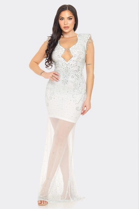 Robe Maxi en Maille Transparente avec Strass
