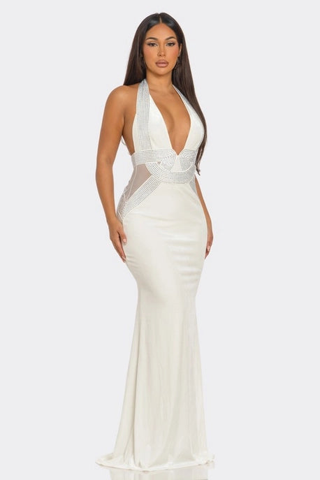 Robe Maxi en Forme de V Ornée de Strass
